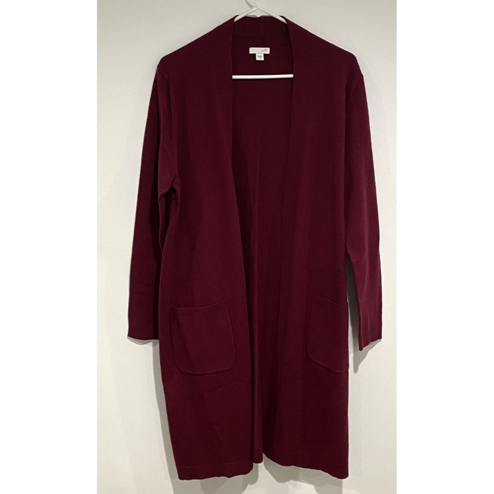J.Jill Open Front Cotton Wool Silk Blend Long Line Cardigan Burgundy Women's M